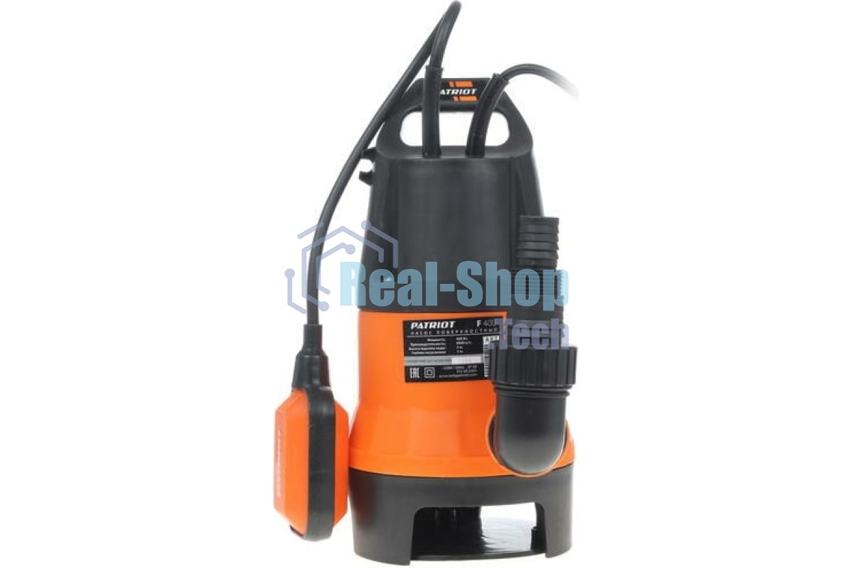 Насос дренажный PATRIOT F 400 (NEW) 315302405 Мощн. - 400 Вт, напр. - 220 В, макс.производит. - 8000 л/час, макс. глуб. погруж. - 5 м., макс. выс.подъема- 5 м., корпус - пластик.