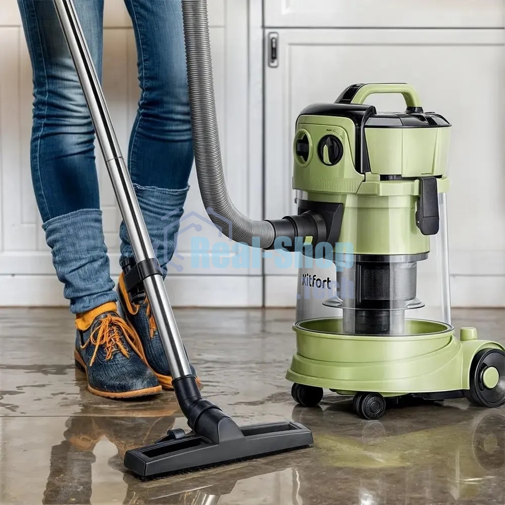 Пылесос Kitfort КТ-5194 зеленый/черный, 600/1000 Вт, уборка сухая/сбор жидкости, пылесборник контейнер, 15 л