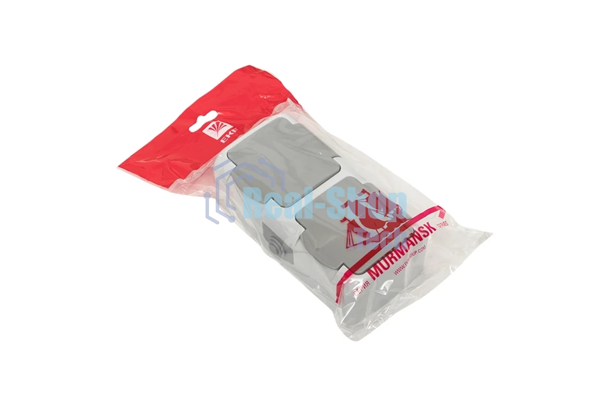 Розетка EKF Мурманск EFR16-129-30-54 2-местная 16А с заземлением с крышкой IP54 серый с защитными шторками