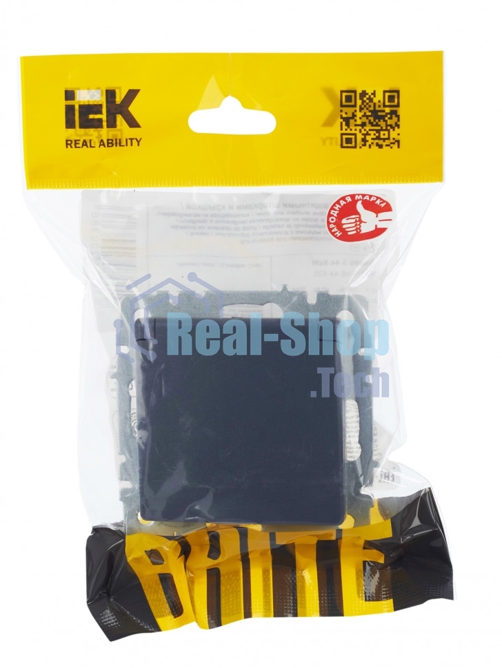 Розетка 1-местная IEK BRITE РСбш10-3-44-БрМ с заземлением, с защитными шторками и крышкой, 16А, IP44, маренго