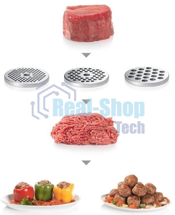 Мясорубка электрическая Bosch MFW68660 черный, 2200 Вт, 4.3 кг/мин, реверс, защита от перегрузки, металлический лоток, насадки - 10
