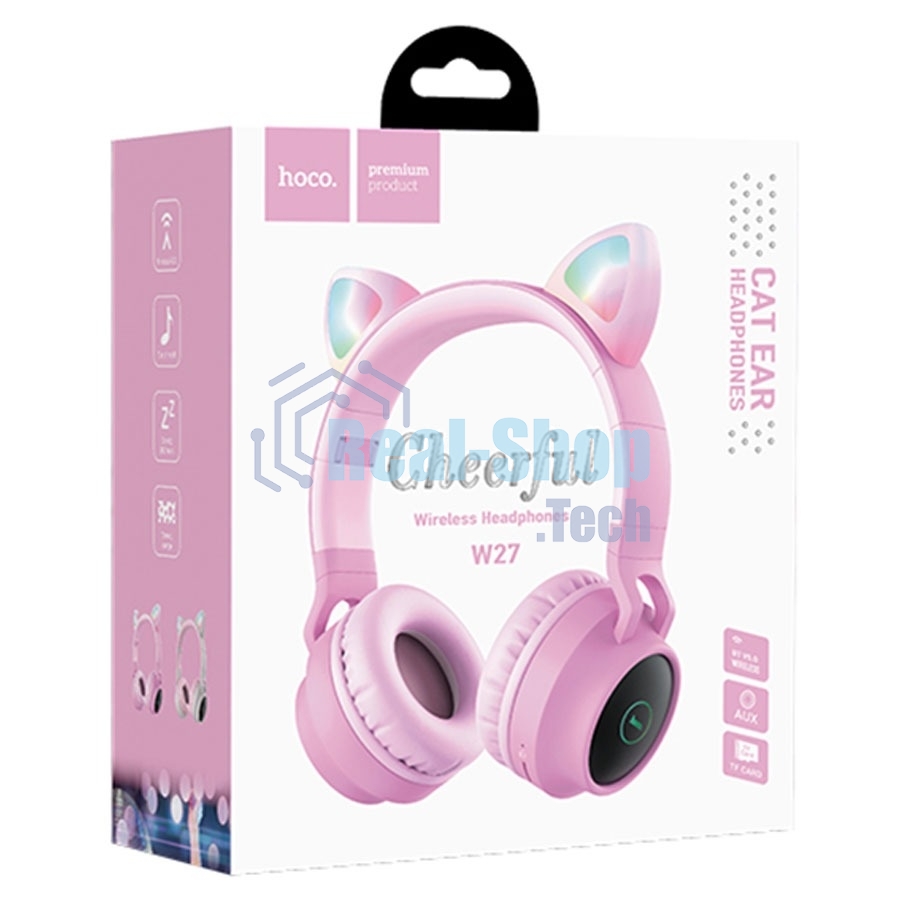 Гарнитура полноразмерная с кошачьими ушами беспроводная HOCO W27, розовый