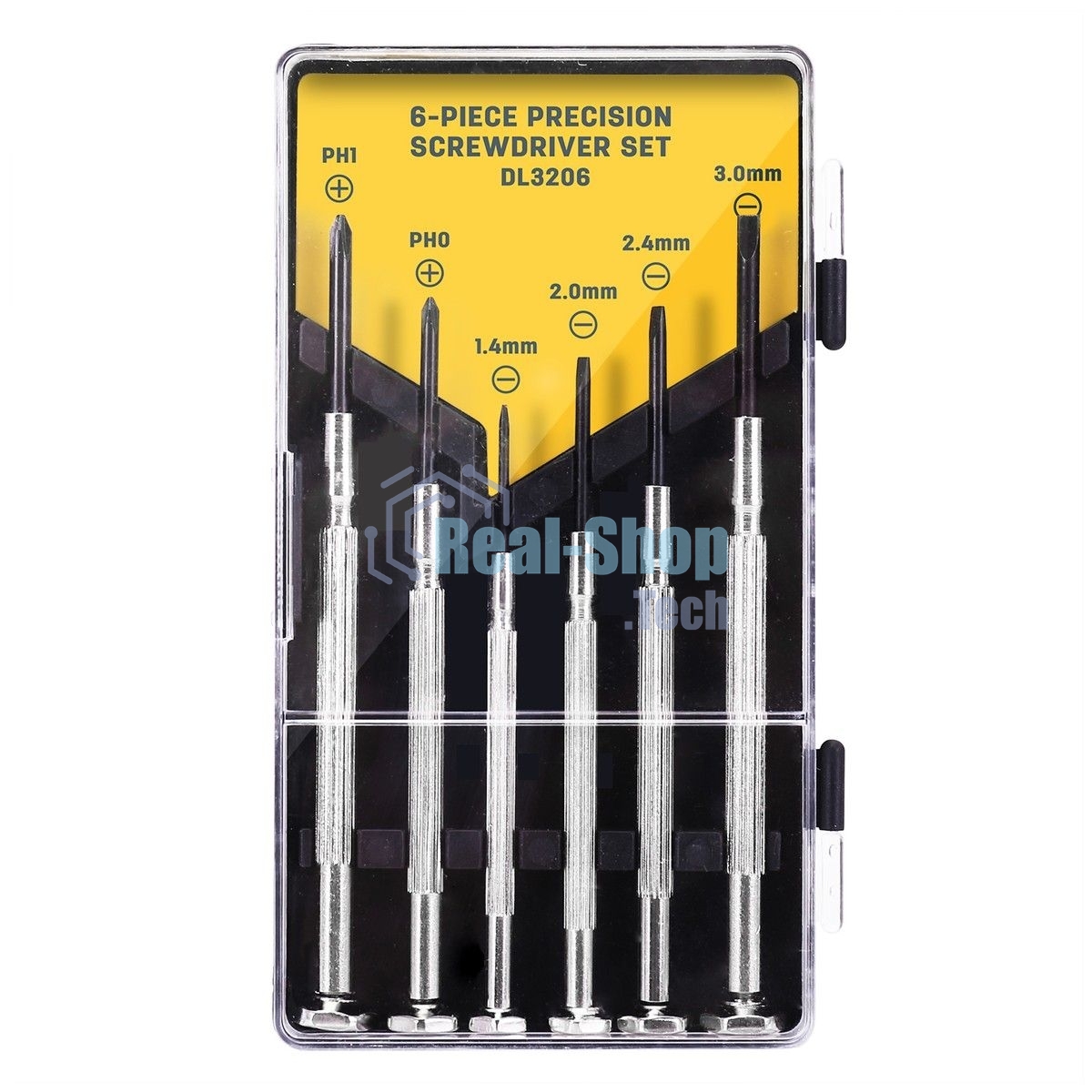 Набор прецизионных отвертокDeli DL3206 6 шт Набор прецизионных отверток из 6 предметов: 2 шт. Philips: PH1, PH04 шт. Шлиц: 1,4 мм, 2,0 мм, 2,4 мм, 3,0 мм. Cr-V. Черная отделка.