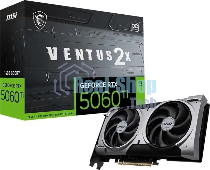 Видеокарта MSI RTX 5060 Ti VENTUS 2X OC PLUS, NVIDIA RTX 5060 Ti, 16 ГБ GDDR7, 128 бит, PCI-e 5.0, 1xHDMI, 3xDP, 2602 МГц