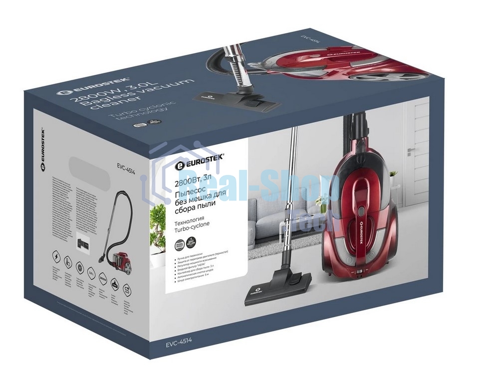 Пылесос Eurostek EVC-4514 красный, 500/2800 Вт, уборка сухая, пылесборник контейнер 3 л