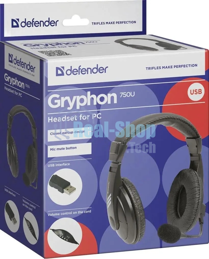 Гарнитура проводная Defender Gryphon 750U USB, черный, 1.8м кабель