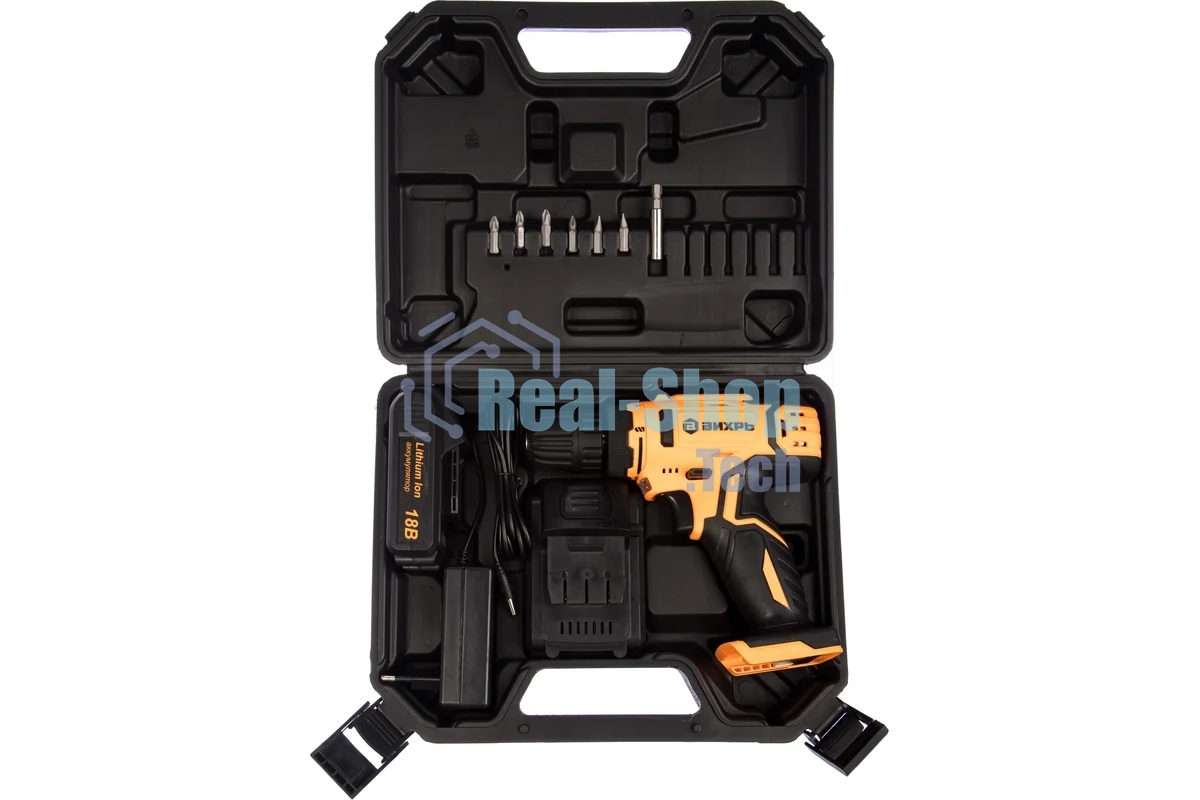 Дрель-шуруповерт аккумуляторная Вихрь ДА-18Л-2к 72/14/9, Аккумуляторная, 18В, 2 АКБ, Кейс