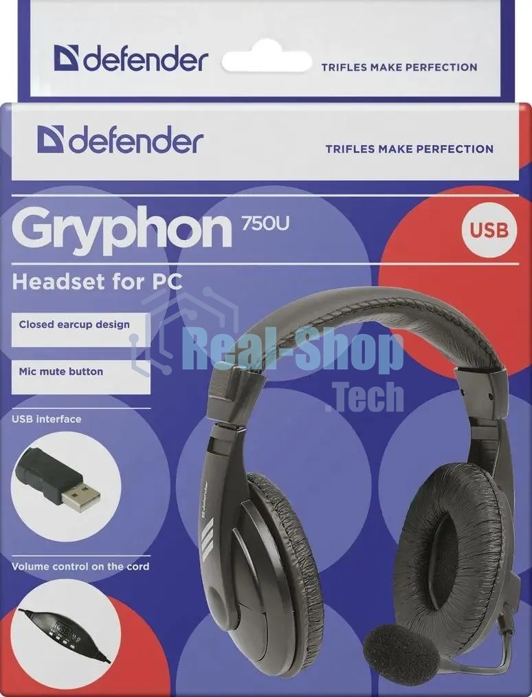Гарнитура проводная Defender Gryphon 750U USB, черный, 1.8м кабель