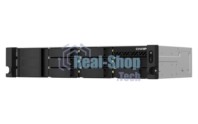 Сетевое хранилище SMB QNAP TS-873AeU-4G NAS 8x3.5/2.5 SATA/SSD trays, 2 x M2 PCIe, 2x 2.5 GbE, 2U rackmount, 1 PSU. AMD Ryzen V1500B 4-core/8-thread 2.2 GHz processor, 4 Gb DDR4 RAM (1*4 Gb) up to 64Gb (2*32 Gb). W/o rail kit RAIL-B02