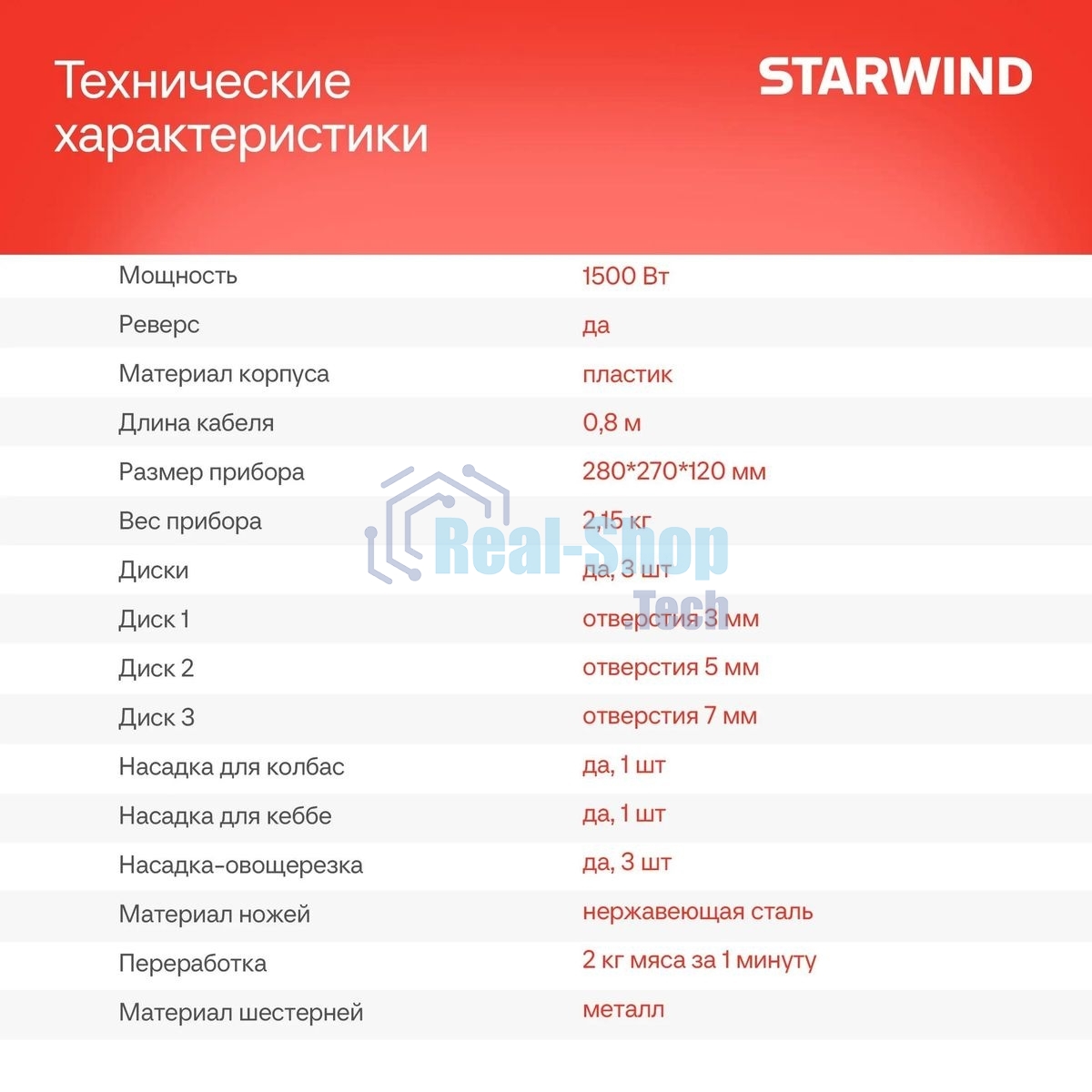 Мясорубка электрическая Starwind SMG3225 1500Вт красный