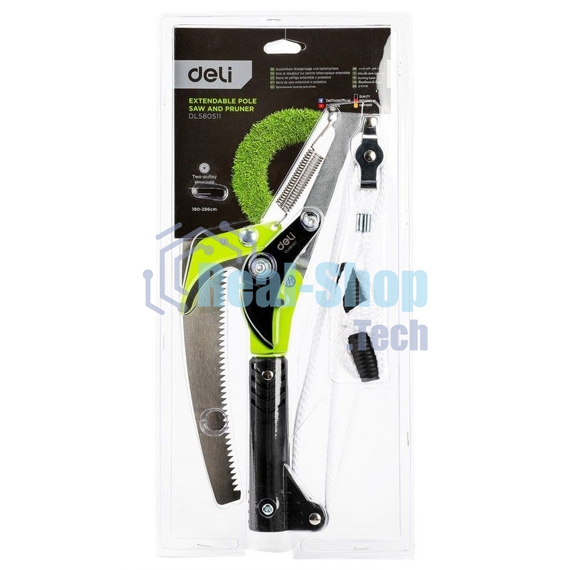 Выдвижная шестопильная пила и секатор Deli DL580511, 2 шкива, сталь SK5, длина лезвия 290 мм, телескопическая рукоятка