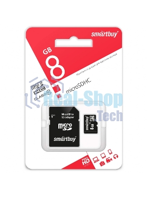 Флеш карта microSD 8Gb, Smartbuy microSDHC Class 10 (SD адаптер)