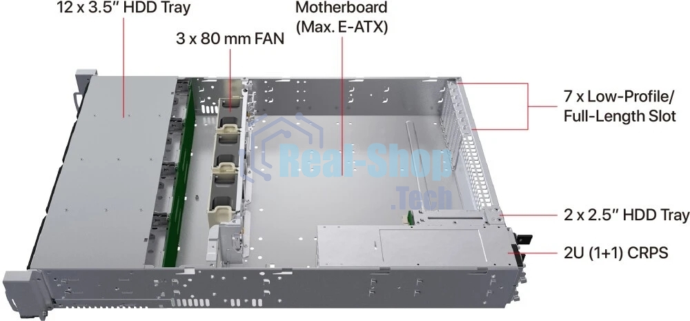 Серверный корпус Ablecom 2U CS-R29-04P E-ATX, ATX, Micro-ATX, Mini-ITX MBs; 12 x 3.5'' hs + 2 x 2.5'' hs rear; 800 Wt CRPS(1+1); no rails
