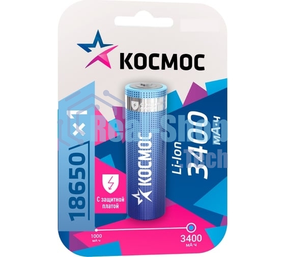 Аккумулятор Li-ion 18650 3400 мАч с защитой (блист.1шт) Космос KOC18650Li-ion34PBL1