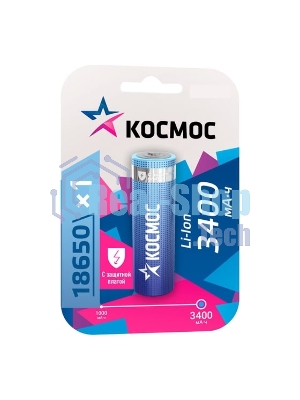 Аккумулятор Li-ion 18650 3400 мАч с защитой (блист.1шт) Космос KOC18650Li-ion34PBL1