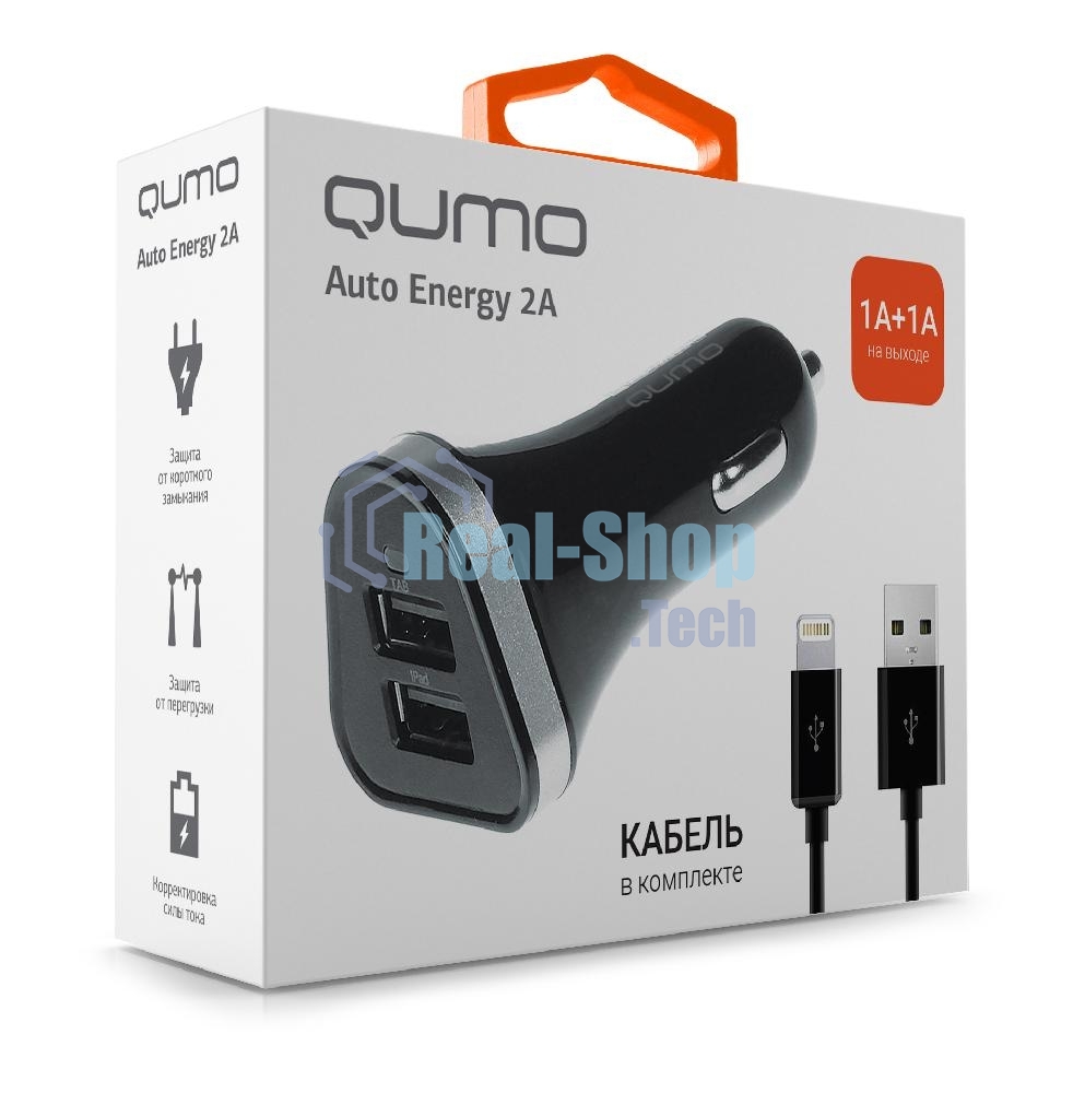 Автомобильное зарядное устройство QUMO 2A, 2 USB, 1A+1A черный, кабель Apple 8 pin в комплекте