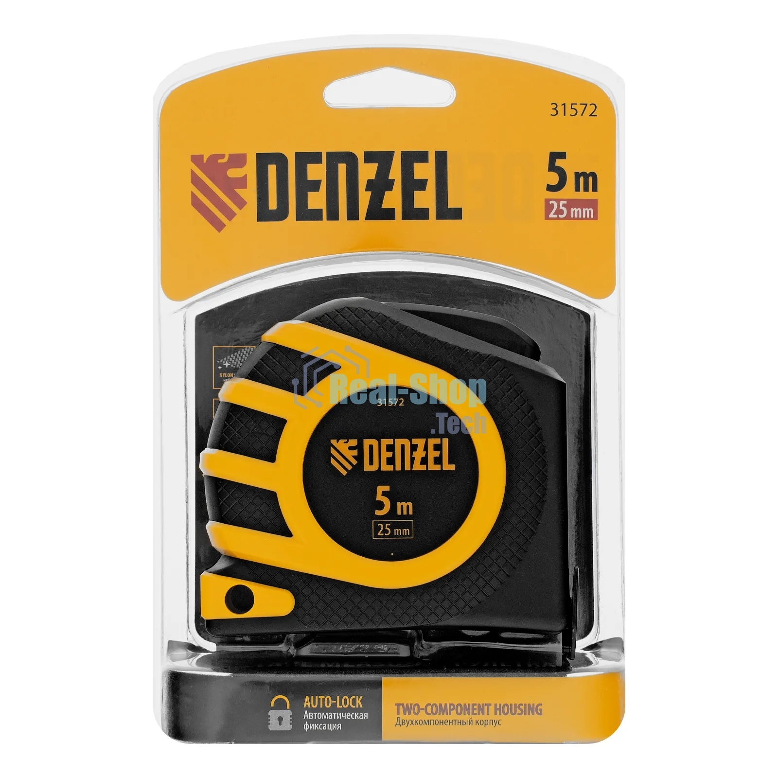 Рулетка Denzel 5м x 25 мм, магнит, двухсторонний зацеп, нейлон, двуст. шкала, автоматич. 31572
