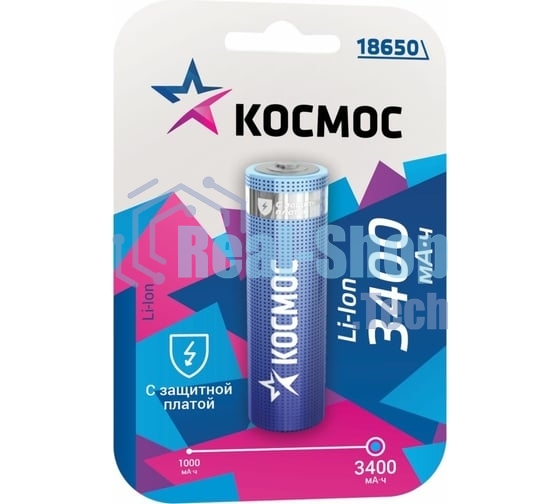 Аккумулятор Li-ion 18650 3400 мАч с защитой (блист.1шт) Космос KOC18650Li-ion34PBL1