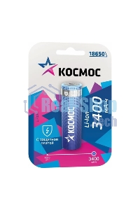 Аккумулятор Li-ion 18650 3400 мАч с защитой (блист.1шт) Космос KOC18650Li-ion34PBL1