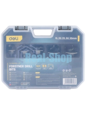 Набор сверл Форстнера 5 шт (15/20/25/30/35мм) Deli DH-MKK005-ED1 ограничитель глубины, пласт. кейс
