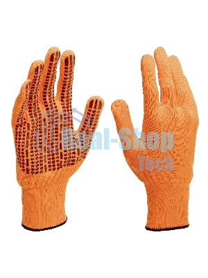 Перчатки Сибртех трикотажные, синтетическая нить, ПВХ-гель точка, оранжевый, L, 13 класс