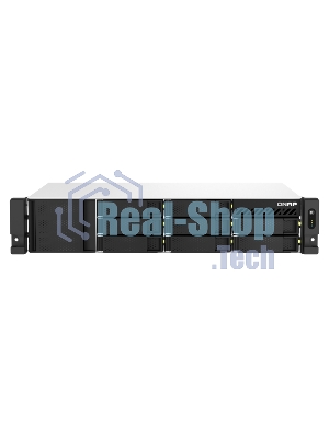 Сетевое хранилище SMB QNAP TS-873AeU-4G NAS 8x3.5/2.5 SATA/SSD trays, 2 x M2 PCIe, 2x 2.5 GbE, 2U rackmount, 1 PSU. AMD Ryzen V1500B 4-core/8-thread 2.2 GHz processor, 4 Gb DDR4 RAM (1*4 Gb) up to 64Gb (2*32 Gb). W/o rail kit RAIL-B02