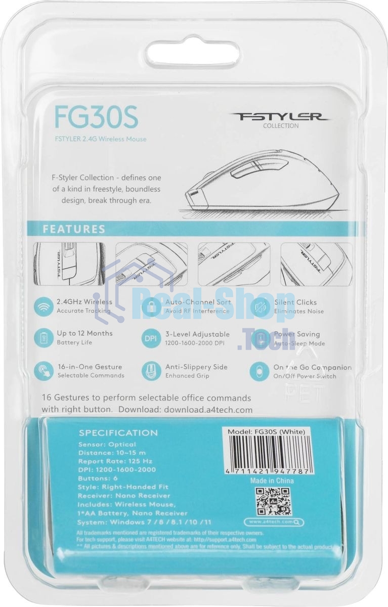 Мышь беспроводная A4Tech Fstyler FG30S белый/серый, 2000 dpi, радиоканал, USB, кнопки - 6