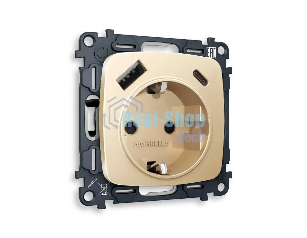 Комплект механизма электрической розетки OMEGA Шампань 2USB A+C 20W (быстрая зарядка) с/з QUANT (OP6100, VM160) MO610010