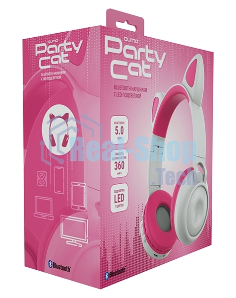 Беспроводные/проводные наушники Qumo Party Cat BT 0025 бело-розовый, накладные, Bluetooth + проводной, кошачьи ушки, до 7 ч