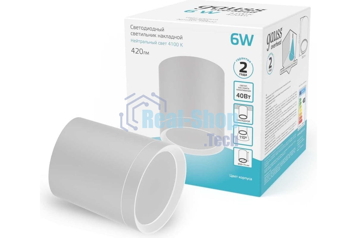 Светильник Gauss Overhead накл цил 6W 420lm 4100K 170-240V IP20 68x75мм белый с расс LED
