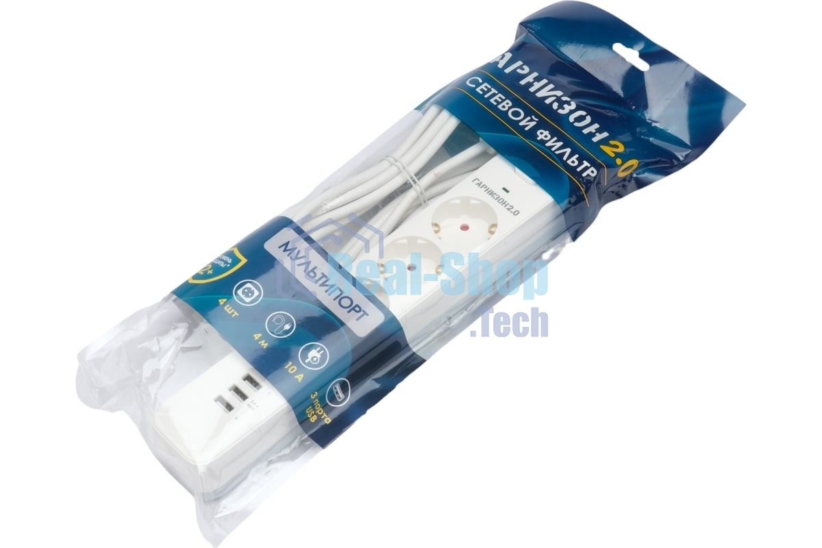 Сетевой фильтр Гарнизон 2.0 Мультипорт EPS-4-U3-W-4, 4 р, 10А, 3xUSB, 4 м, ур.защиты 2+, белый, пакет