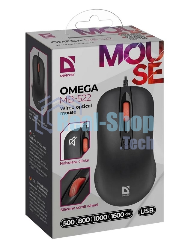 Мышь проводная Defender Omega MB-522 черный, 1600 dpi, USB, кнопки - 4