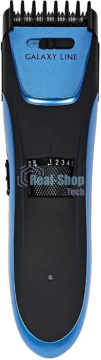 Набор для стрижки Galaxy Line GL 4166, черный с голубым, 3 Вт, время работы до 1,5 ч, аккум. Li-Ion 3,7 В, емк. аккум. 600 мА*ч, лезв. из нерж. стали, ширина лезвия 40 мм, 24 положения насадки-расчески (3,5 - 14,5 мм), филир. гребень, индик. заряда аккум.