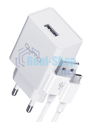 Сетевое зарядное устройство Qumo Energy light 10Вт, (модель 0103), порт: USB-A, + кабель PVC 1м. USB-A на MicroUSB, белый