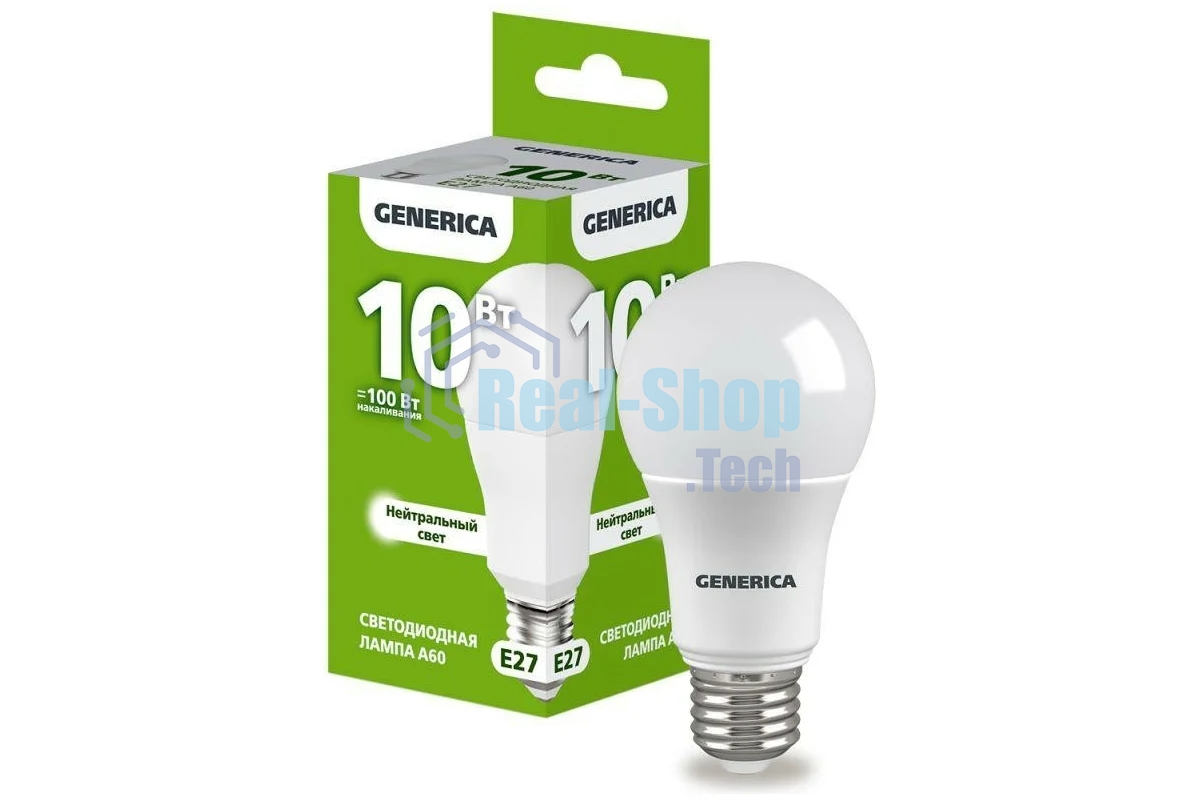 Лампа светодиодная GENERICA LL-A60-10-230-40-E27-G A60 10 Вт грушевидная 4000К E27 230В