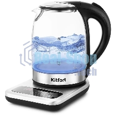 Чайник электрический Kitfort КТ-657, 1.7л, 2200Вт, (корпус: стекло), нержавеющая сталь/черный