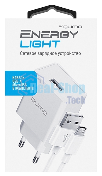 Сетевое зарядное устройство Qumo Energy light 10Вт, (модель 0103), порт: USB-A, + кабель PVC 1м. USB-A на MicroUSB, белый