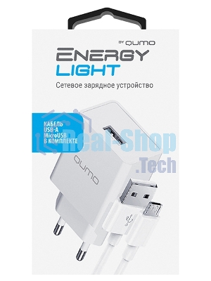 Сетевое зарядное устройство Qumo Energy light 10Вт, (модель 0103), порт: USB-A, + кабель PVC 1м. USB-A на MicroUSB, белый