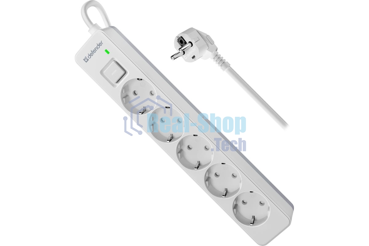 Удлинитель с сетевым фильтром Defender DFS 135, белый, 5 розеток, 5 м.