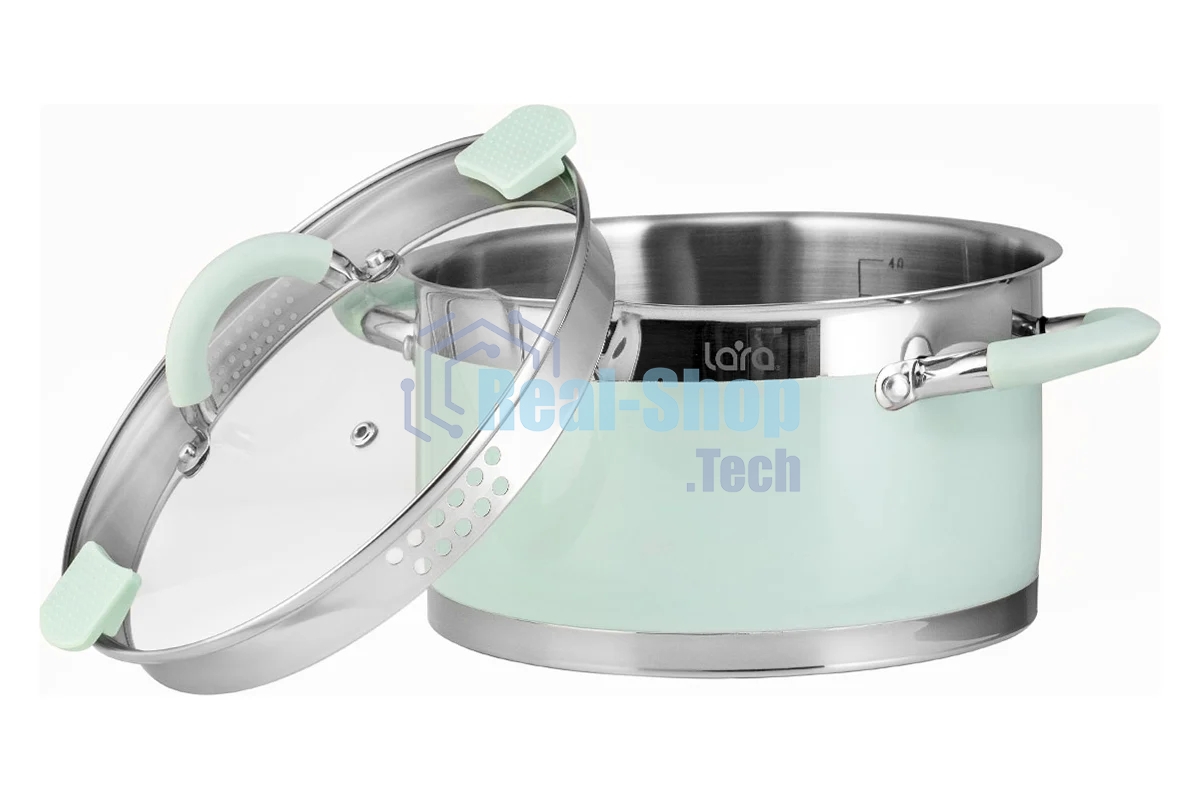 Кастрюля Lara LR02-543 MINT 22x12 см, 4,4 л, носик, индукционное дно, крышка с бортом, полипропилен, силикон, нержавеющая сталь