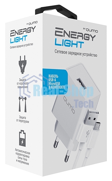 Сетевое зарядное устройство Qumo Energy light 10Вт, (модель 0103), порт: USB-A, + кабель PVC 1м. USB-A на MicroUSB, белый