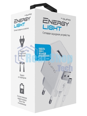 Сетевое зарядное устройство Qumo Energy light 10Вт, (модель 0103), порт: USB-A, + кабель PVC 1м. USB-A на MicroUSB, белый