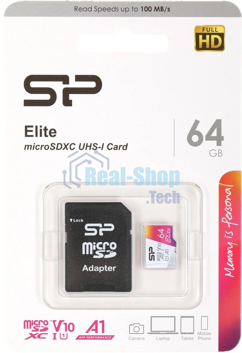 Флеш карта microSD 64Gb Silicon Power Elite A1 microSDXC Class 10 UHS-I U3 100 Mb/s (SD адаптер)