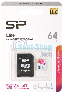Флеш карта microSD 64Gb Silicon Power Elite A1 microSDXC Class 10 UHS-I U3 100 Mb/s (SD адаптер)