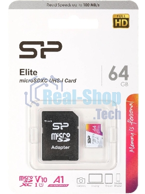 Флеш карта microSD 64Gb Silicon Power Elite A1 microSDXC Class 10 UHS-I U3 100 Mb/s (SD адаптер)
