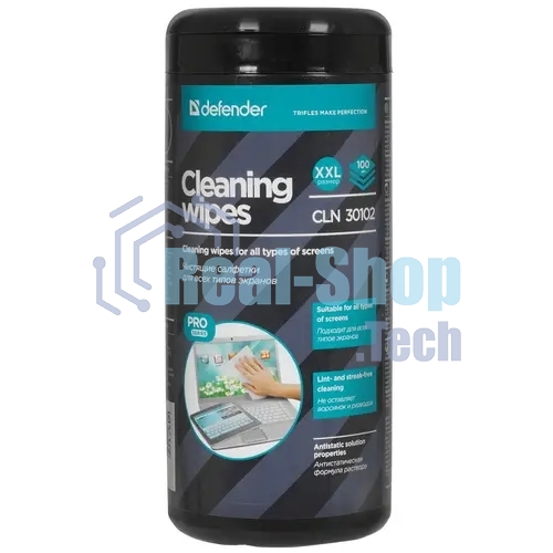 Чистящие салфетки Defender для экранов TV, ЖК-мониторов, дисплеев ноутбуков/нетканый материал/туба/100 шт/Германия
