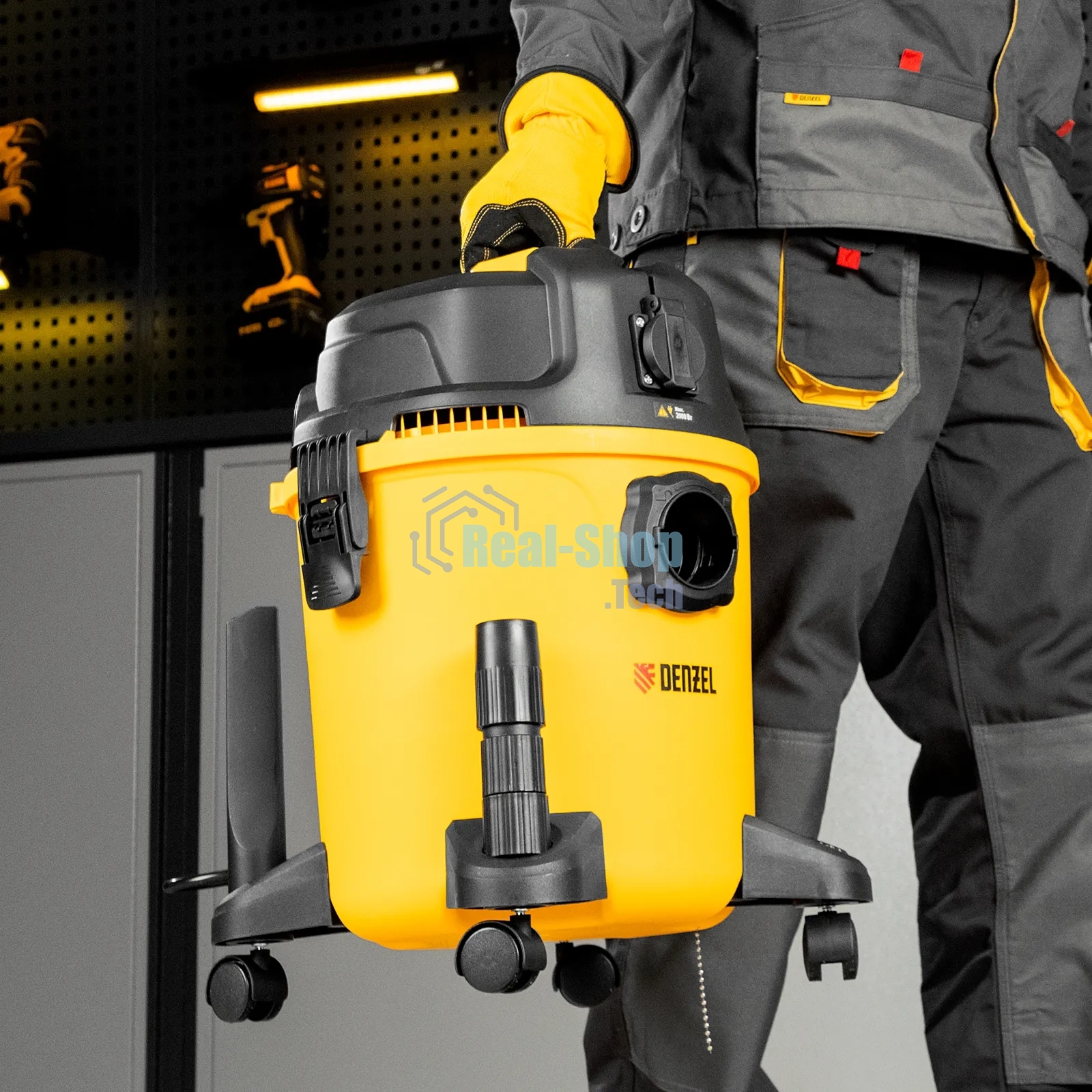 Строительный пылесос Denzel RVC20 желтый, 1400 Вт, уборка сухая/сбор воды/выдув, пылесборник мешок/контейнер, 20 л