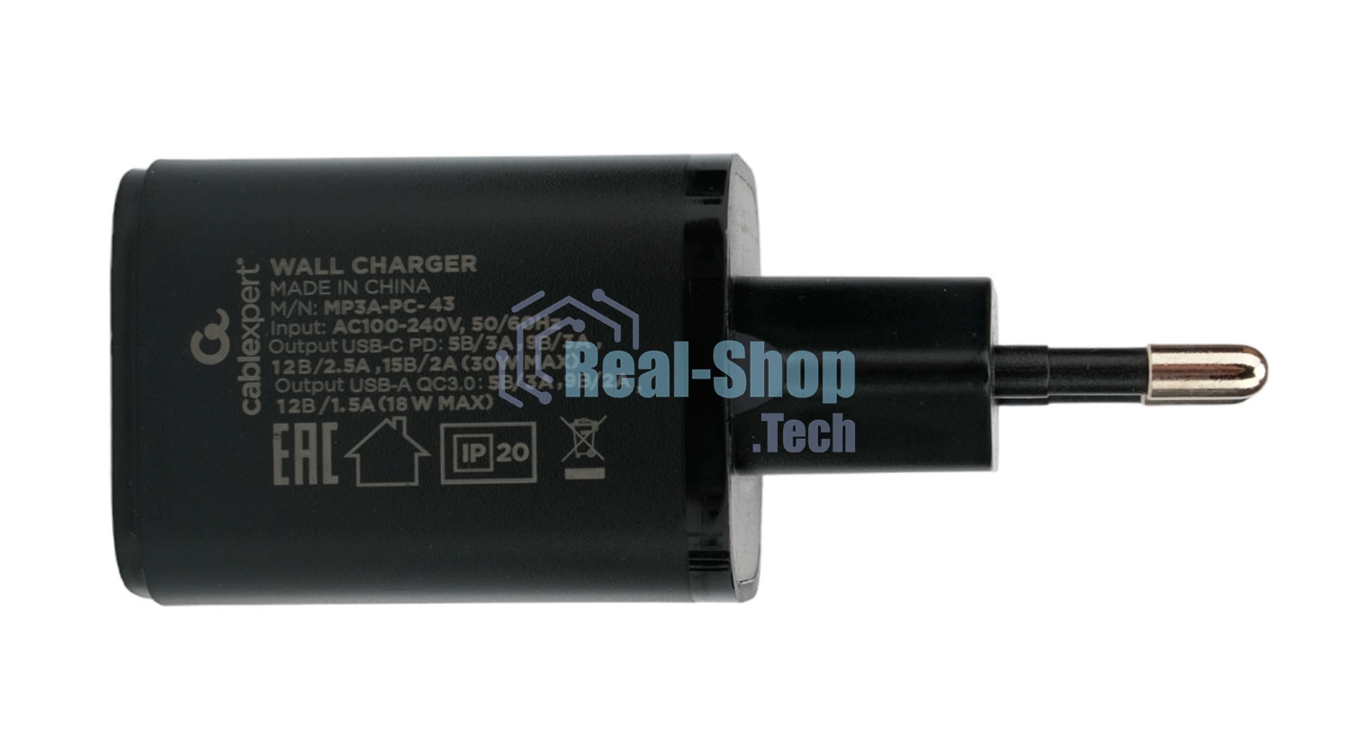 Сетевое зарядное устройство Cablexpert MP3A-PC-43, 30Вт, 3А, быстрая зарядка QC3.0/PD, 2 порта: USB и Type-C, черный, пакет