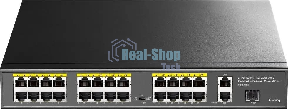 Коммутатор Cudy FS1026PS1, (L2) 24x100 Мбит/с 2x1 Гбит/с, 1SFP, 24PoE, 24PoE+ 300W, неуправляемый