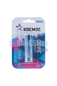 Аккумулятор Li-ion 18650 3400 мАч с защитой (блист.1шт) Космос KOC18650Li-ion34PBL1